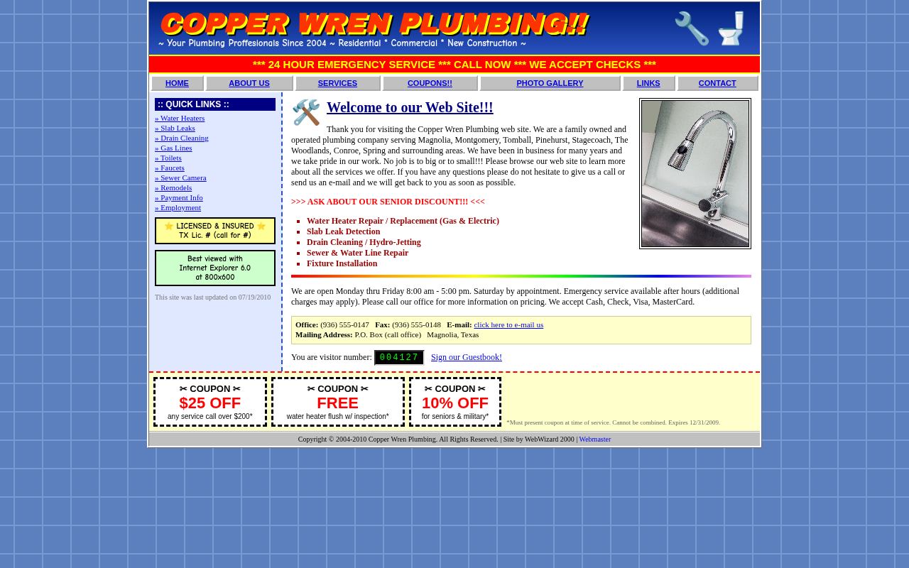 Before: the old, cluttered homepage for Copper Wren Plumbing