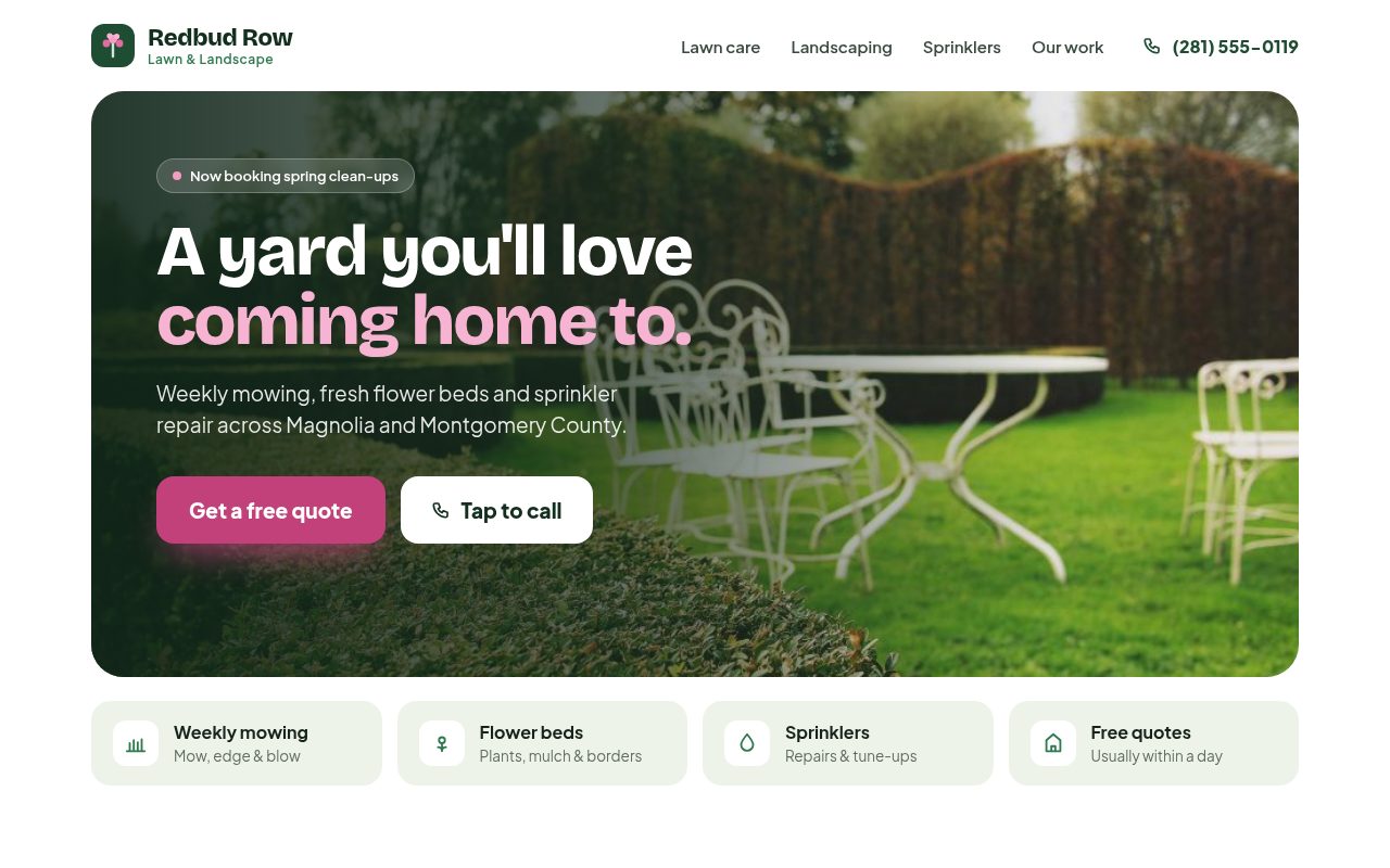 After: the clean, modern homepage for Redbud Row Lawn & Landscape
