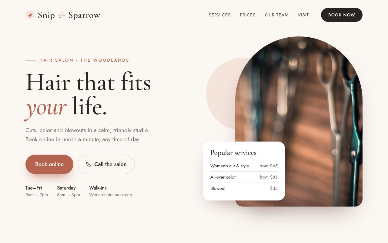 After: the clean, modern homepage for Snip & Sparrow Salon